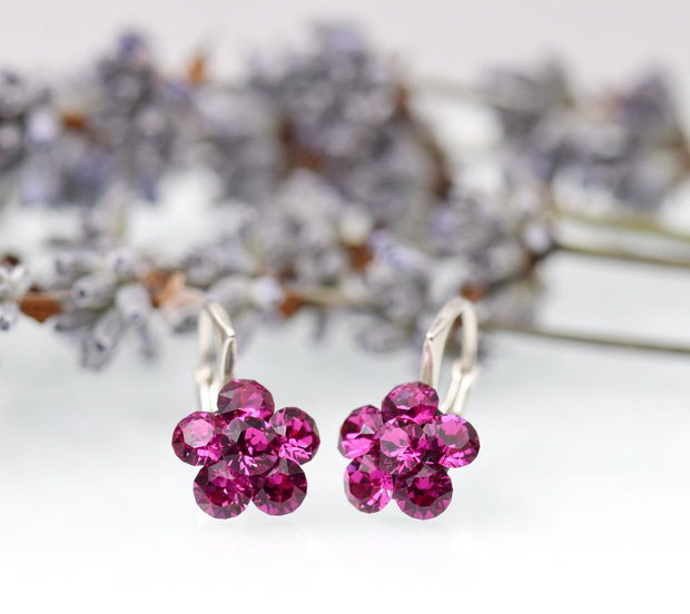 Cercei Swarovski / Chaton Flower pentru fetite / Fuchsia Argint 925