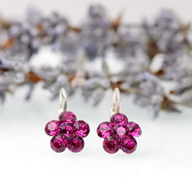 Cercei Swarovski / Chaton Flower pentru fetite / Fuchsia Argint 925