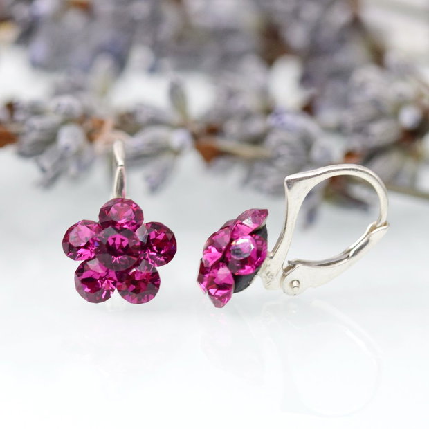 Cercei Swarovski / Chaton Flower pentru fetite / Fuchsia Argint 925