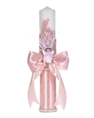Lumanare botez ingeras, lumanare botez eleganta fata, lumanare botez decor Roz prafuit