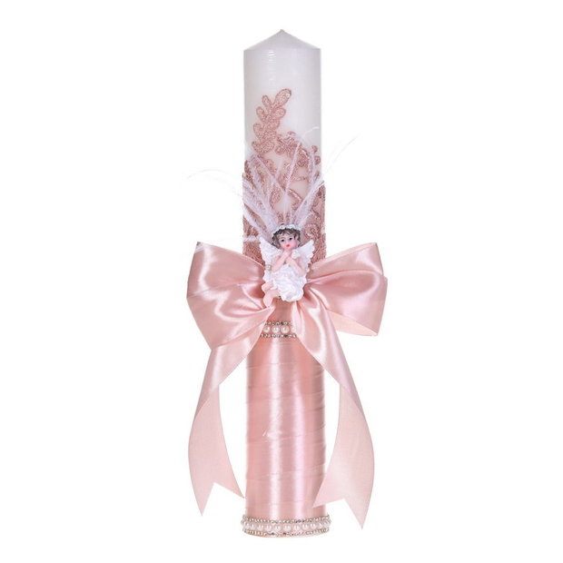 Lumanare botez ingeras, lumanare botez eleganta fata, lumanare botez decor Roz prafuit