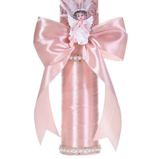 Lumanare botez ingeras, lumanare botez eleganta fata, lumanare botez decor Roz prafuit