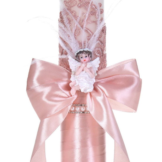 Lumanare botez ingeras, lumanare botez eleganta fata, lumanare botez decor Roz prafuit