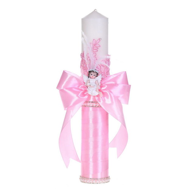 Lumanare botez ingeras, lumanare botez eleganta fata, lumanare botez decor Roz