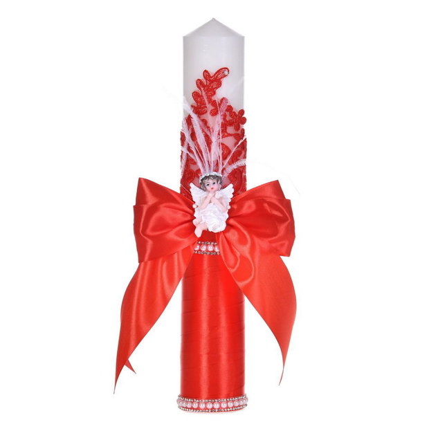 Lumanare botez ingeras, lumanare botez eleganta fata / baiat, lumanare botez decor Rosu