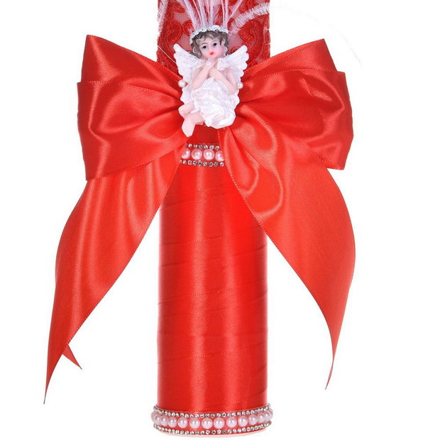 Lumanare botez ingeras, lumanare botez eleganta fata / baiat, lumanare botez decor Rosu