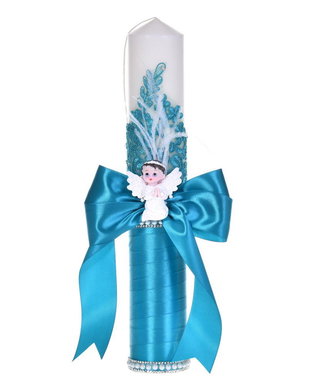 Lumanare botez ingeras, lumanare botez eleganta baiat / fata, lumanare botez decor Turcoaz