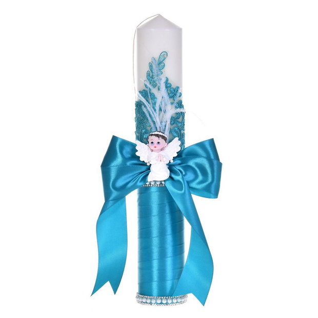 Lumanare botez ingeras, lumanare botez eleganta baiat / fata, lumanare botez decor Turcoaz