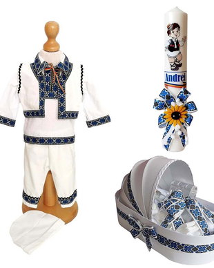 Set costum botez traditional, trusou si lumanare personalizata, decor traditional popular, set botez popular, lumanare personalizata cu nume