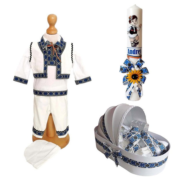 Set costum botez traditional, trusou si lumanare personalizata, decor traditional popular, set botez popular, lumanare personalizata cu nume