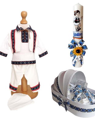 Set costum botez baiat traditional, trusou si lumanare personalizata, decor traditional popular, set botez popular, lumanare personalizata cu nume
