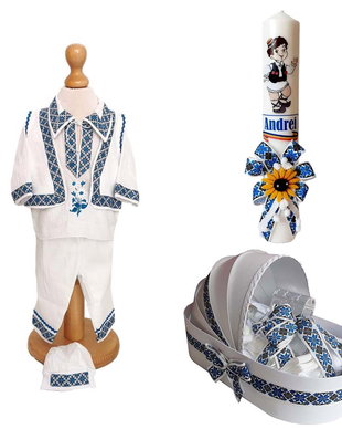 Set costum botez traditional baiat, trusou si lumanare personalizata, decor traditional popular, set botez popular, lumanare personalizata cu nume