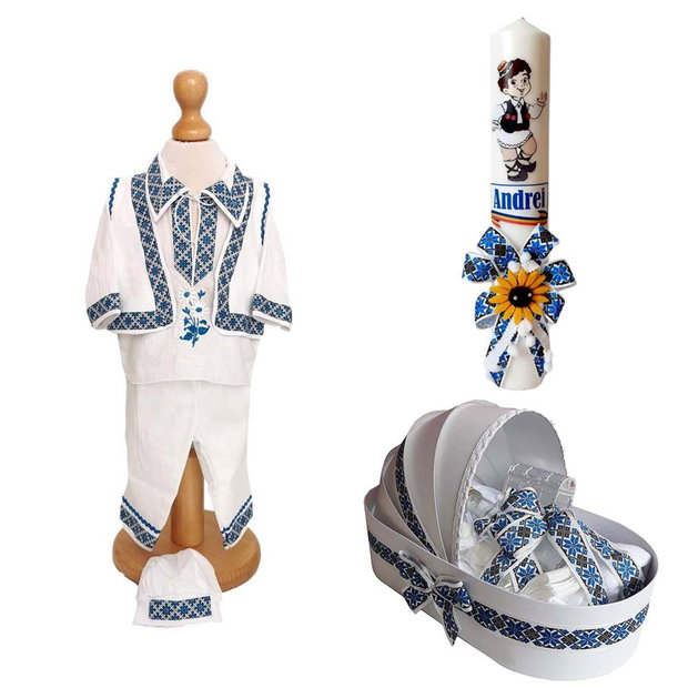 Set costum botez traditional baiat, trusou si lumanare personalizata, decor traditional popular, set botez popular, lumanare personalizata cu nume