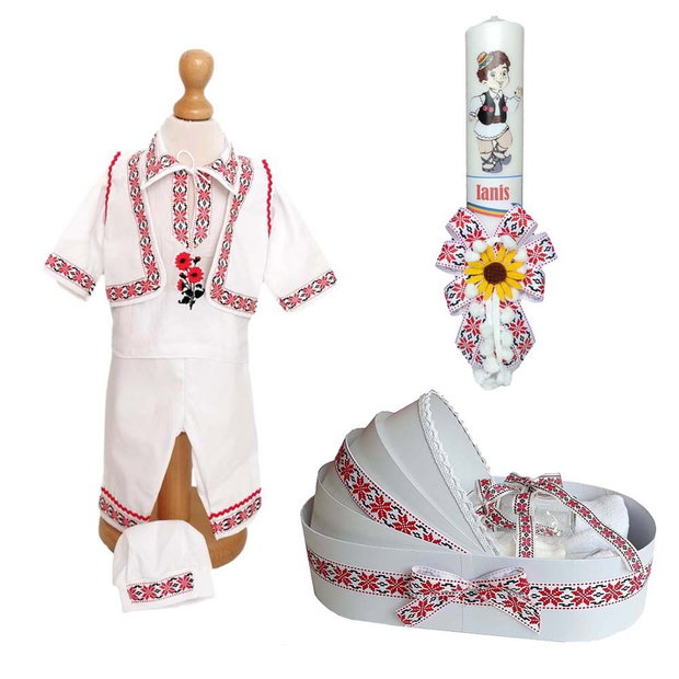 Set costum botez traditional baiat, trusou si lumanare personalizata, decor traditional popular, set botez popular, lumanare personalizata cu nume