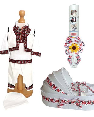 Set costum botez traditional baiat, trusou si lumanare personalizata, decor traditional popular, set botez popular, lumanare personalizata cu nume