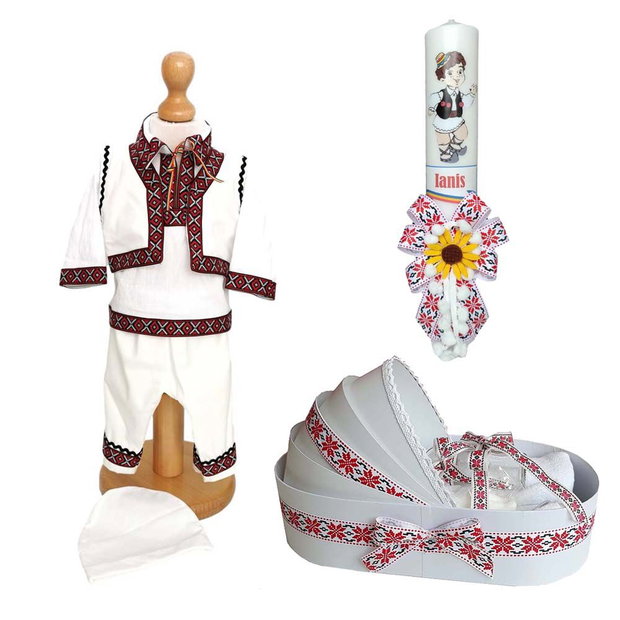 Set costum botez traditional baiat, trusou si lumanare personalizata, decor traditional popular, set botez popular, lumanare personalizata cu nume