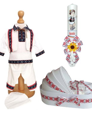 Set costum botez traditional, trusou si lumanare personalizata, decor traditional popular, set botez popular, lumanare personalizata cu nume