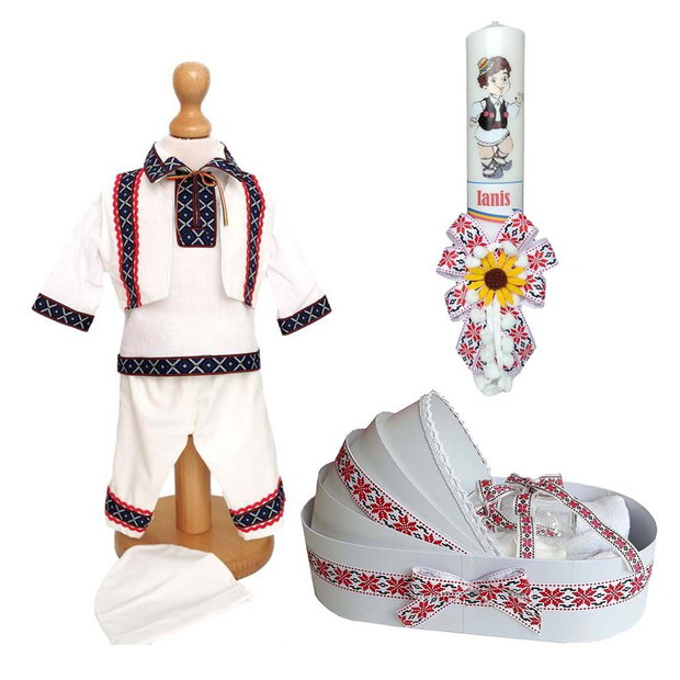 Set costum botez traditional, trusou si lumanare personalizata, decor traditional popular, set botez popular, lumanare personalizata cu nume