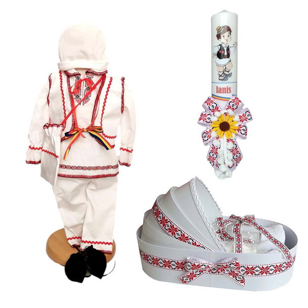 Set costum botez traditional, trusou si lumanare personalizata, decor traditional popular, set botez popular, lumanare personalizata cu nume