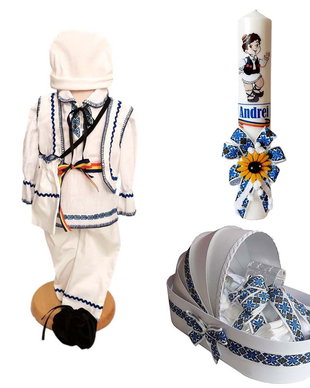 Set costum botez traditional, trusou si lumanare personalizata, decor traditional popular, set botez popular, lumanare personalizata cu nume