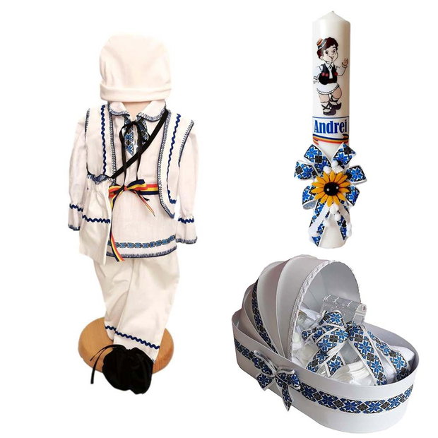 Set costum botez traditional, trusou si lumanare personalizata, decor traditional popular, set botez popular, lumanare personalizata cu nume