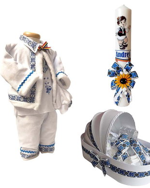 Set costum botez traditional, trusou si lumanare personalizata, decor traditional popular, set botez popular, lumanare personalizata cu nume