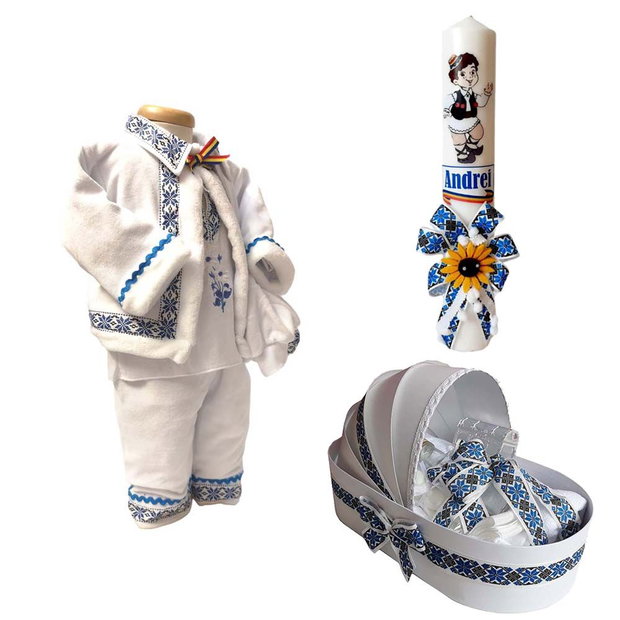 Set costum botez traditional, trusou si lumanare personalizata, decor traditional popular, set botez popular, lumanare personalizata cu nume