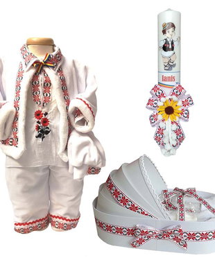 Set costum botez traditional baietel, trusou si lumanare personalizata, decor traditional popular, set botez popular, lumanare personalizata cu nume