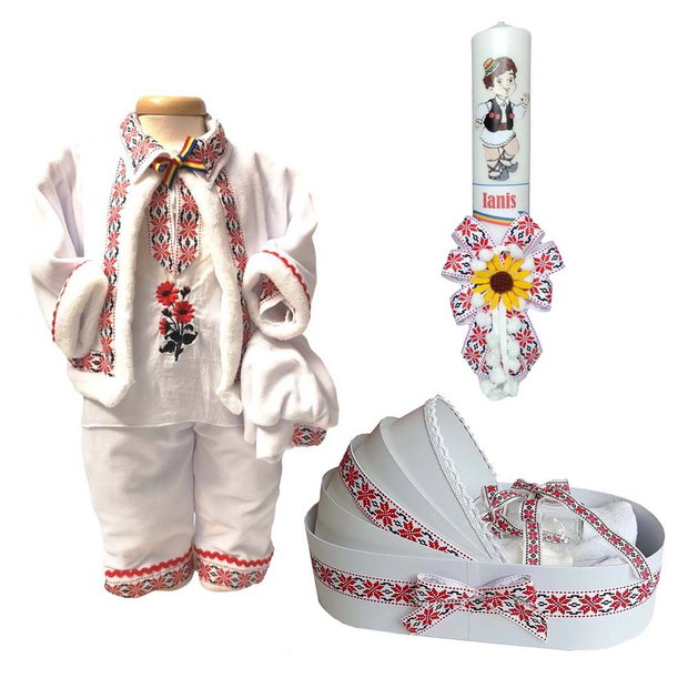 Set costum botez traditional baietel, trusou si lumanare personalizata, decor traditional popular, set botez popular, lumanare personalizata cu nume