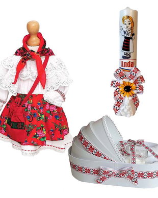 Set costum botez traditional fetita, trusou si lumanare personalizata, decor traditional popular, set botez national, lumanare personalizata cu nume
