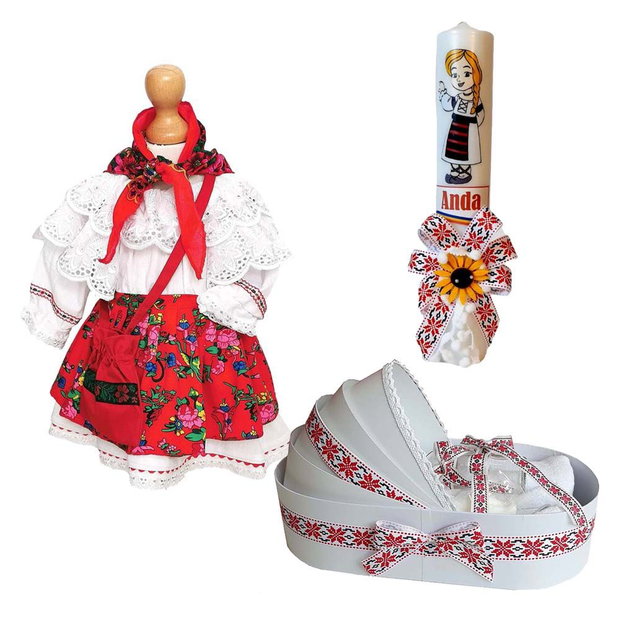 Set costum botez traditional fetita, trusou si lumanare personalizata, decor traditional popular, set botez national, lumanare personalizata cu nume