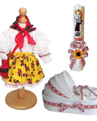 Set costum botez traditional fetita, trusou si lumanare personalizata, decor traditional popular, set botez national, lumanare personalizata cu nume