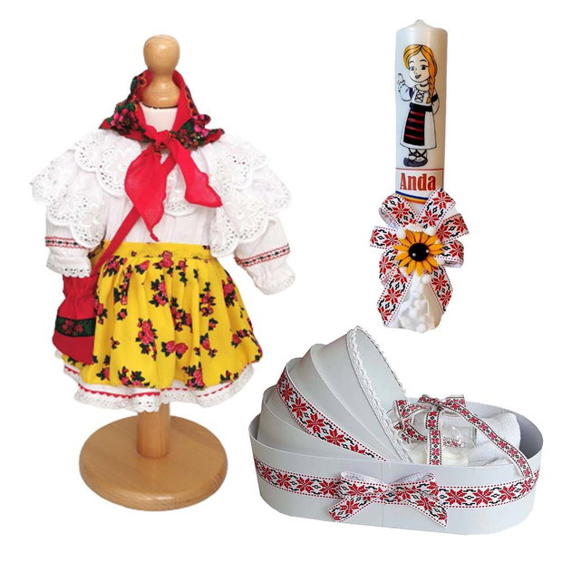 Set costum botez traditional fetita, trusou si lumanare personalizata, decor traditional popular, set botez national, lumanare personalizata cu nume