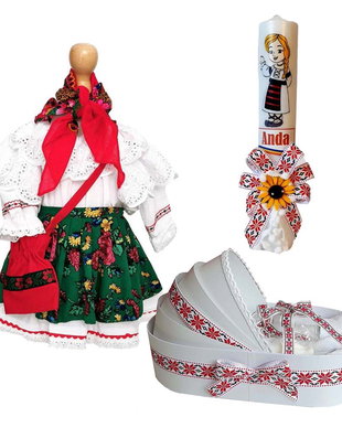 Set costum botez traditional fata, trusou si lumanare personalizata, decor traditional popular, set botez national, lumanare personalizata cu nume
