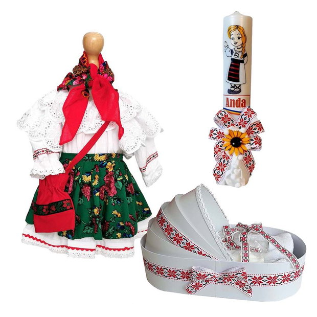 Set costum botez traditional fata, trusou si lumanare personalizata, decor traditional popular, set botez national, lumanare personalizata cu nume