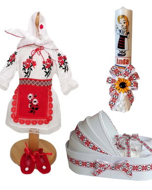 Set costum botez traditional fata, trusou si lumanare personalizata, decor traditional popular, set botez national, lumanare personalizata cu nume