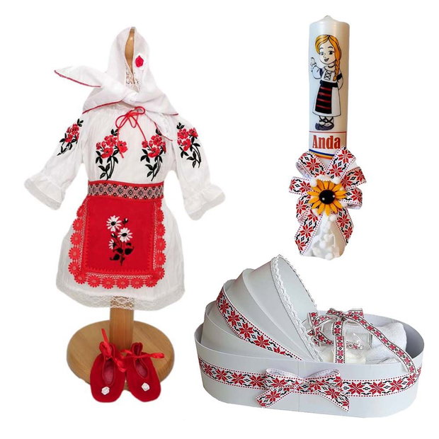 Set costum botez traditional fata, trusou si lumanare personalizata, decor traditional popular, set botez national, lumanare personalizata cu nume