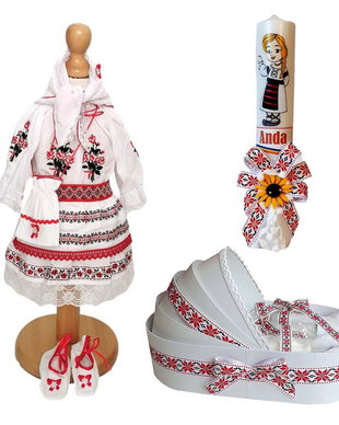 Set costum botez traditional fata, trusou si lumanare personalizata, decor traditional popular, set botez national, lumanare personalizata cu nume