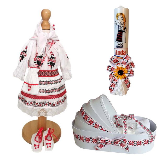 Set costum botez traditional fata, trusou si lumanare personalizata, decor traditional popular, set botez national, lumanare personalizata cu nume