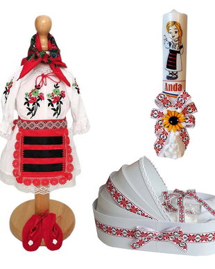 Set costum botez traditional fata, trusou si lumanare personalizata, decor traditional popular, set botez national, lumanare personalizata cu nume