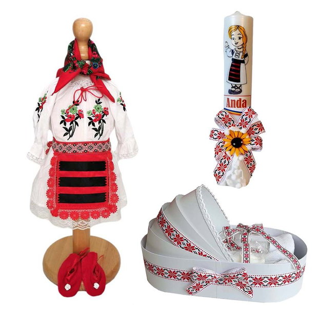 Set costum botez traditional fata, trusou si lumanare personalizata, decor traditional popular, set botez national, lumanare personalizata cu nume