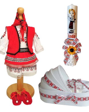 Set costum botez traditional fata, trusou si lumanare personalizata, decor traditional popular, set botez national, lumanare personalizata cu nume