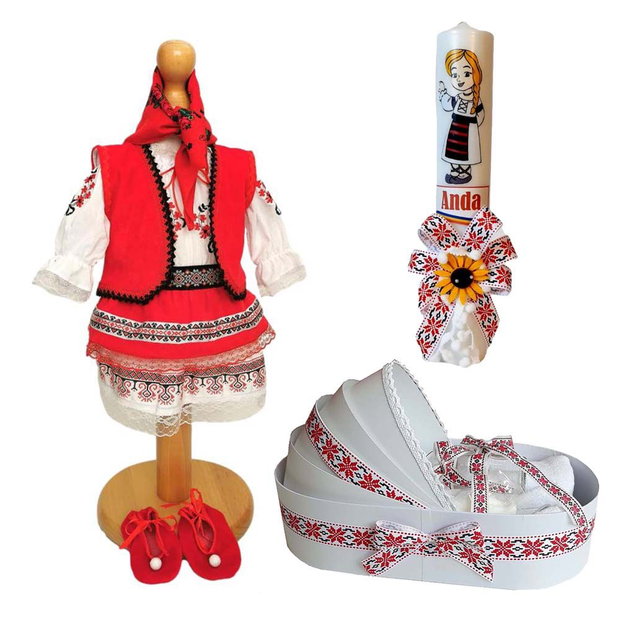 Set costum botez traditional fata, trusou si lumanare personalizata, decor traditional popular, set botez national, lumanare personalizata cu nume