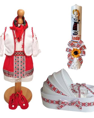 Set costum botez traditional fata, trusou si lumanare personalizata, decor traditional popular, set botez national, lumanare personalizata cu nume