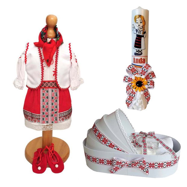 Set costum botez traditional fata, trusou si lumanare personalizata, decor traditional popular, set botez national, lumanare personalizata cu nume