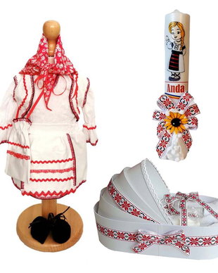 Set costum botez traditional fata, trusou si lumanare personalizata, decor traditional popular, set botez national, lumanare personalizata cu nume