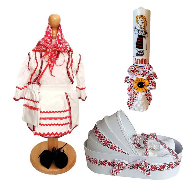Set costum botez traditional fata, trusou si lumanare personalizata, decor traditional popular, set botez national, lumanare personalizata cu nume