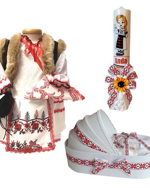 Set costum botez traditional fata, trusou si lumanare personalizata, decor traditional popular, set botez national, lumanare personalizata cu nume