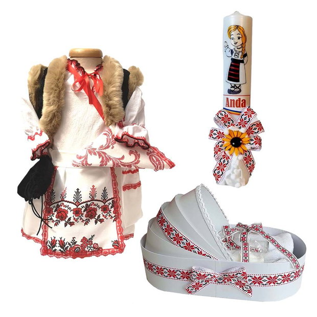 Set costum botez traditional fata, trusou si lumanare personalizata, decor traditional popular, set botez national, lumanare personalizata cu nume