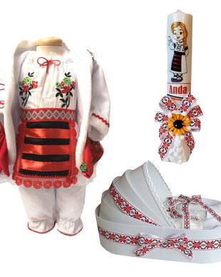 Set costum botez traditional fetita, trusou si lumanare personalizata, decor traditional popular, set botez national, lumanare personalizata cu nume